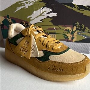 Clarks Beige and Green Suede Sneakers